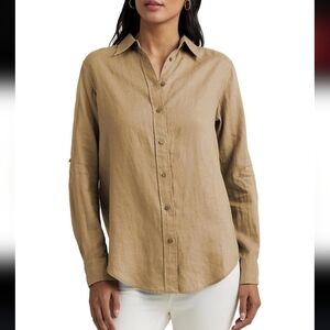Lauren Ralph Lauren Tan Button up roll-tab Sleeve point collar 100% Linen shirt